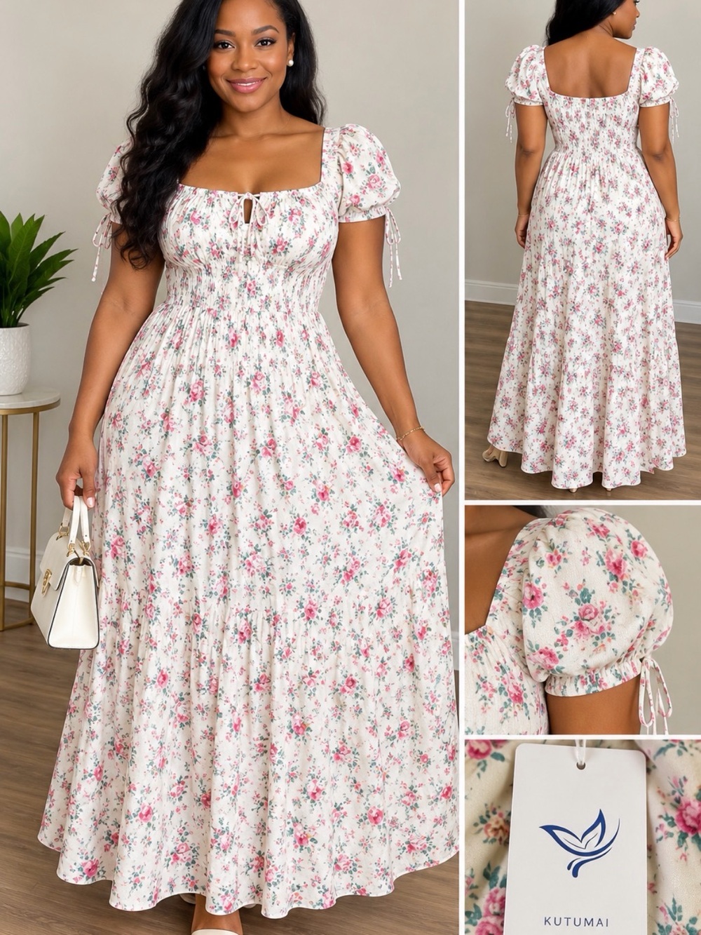 Floral Square-Neck Maxi Dress in White with Pink Roses